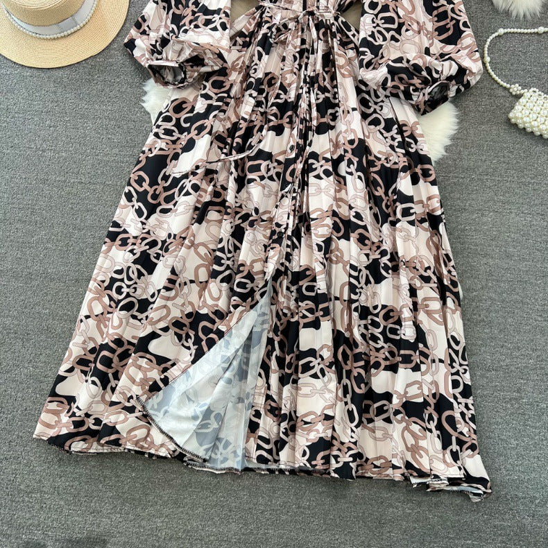 Retro Palace Style Lantern Sleeve Round Neck A-Line Floral Print Button-Down Waist Dress