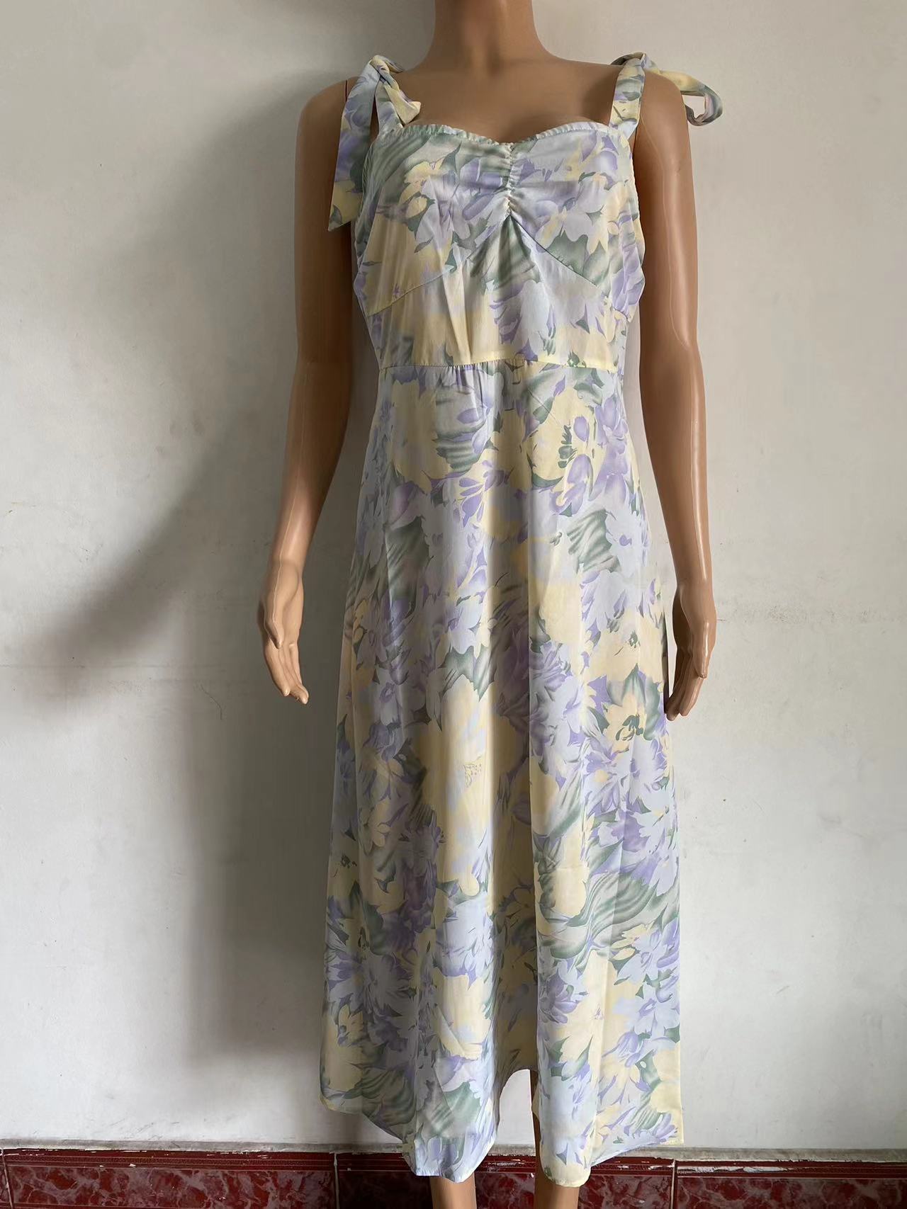 Summer Floral Print V-Neck Wrap Waist Midi Dres