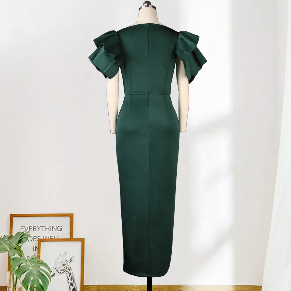 Sexy Ruffled Short Sleeves Women Green Evening Party Dresses-Dresses-Free Shipping at meselling99