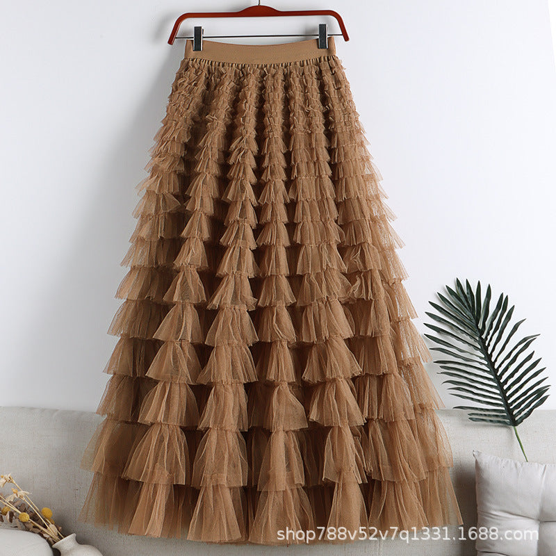 A-Line Mid-Length Tulle Skirt with Layered Mesh Insert