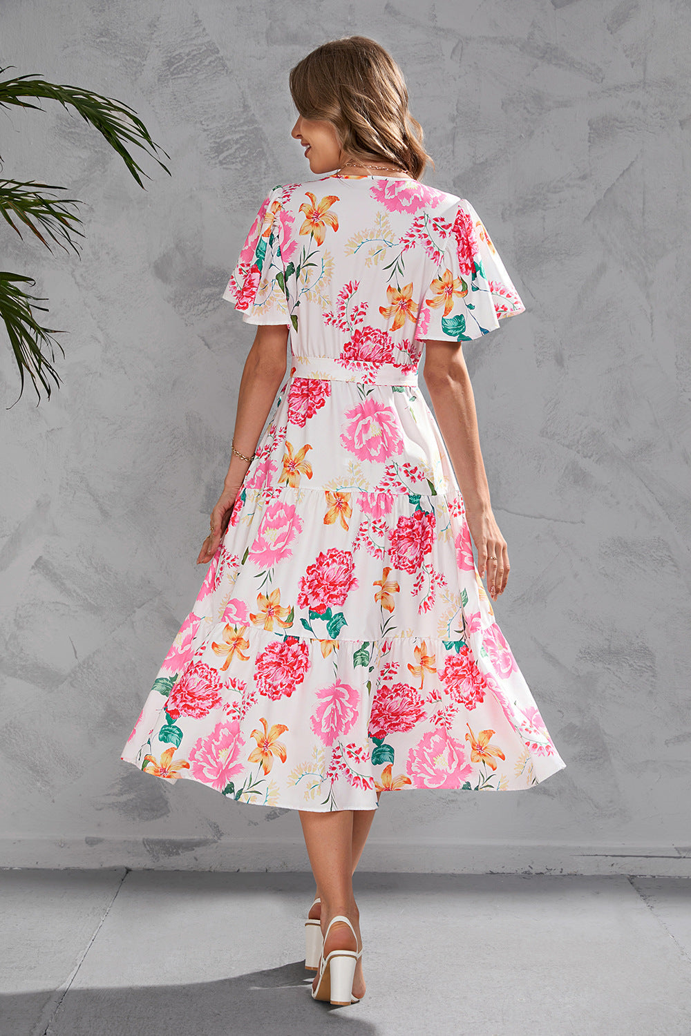 Women's Summer Floral V-Neck Waist-Tie Midi Short Sleeve Dress