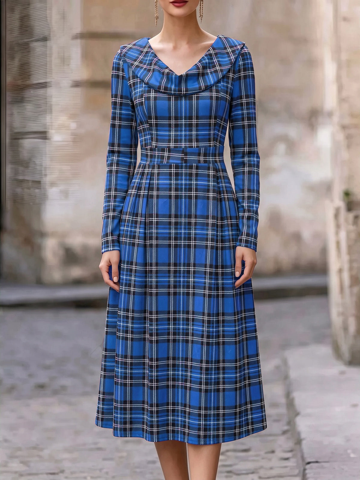 Autumn Winter Plaid Print Long Dress for Women