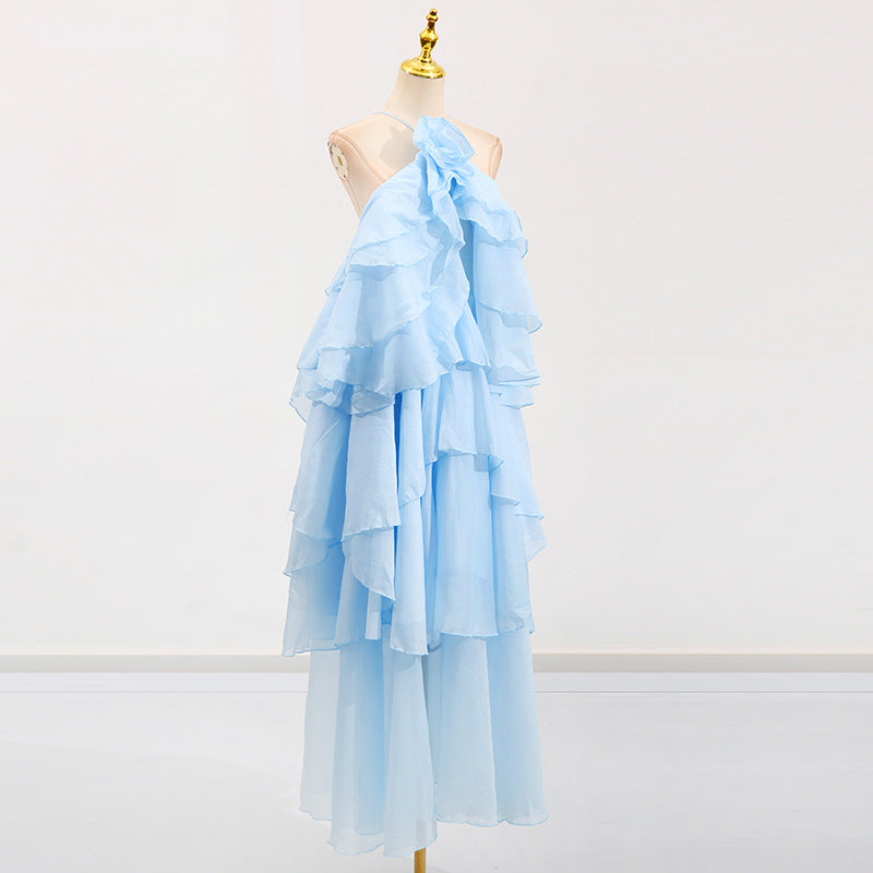 Elegant High-Society Style Dress – Off-Shoulder Backless Maxi Dress with Layered Hem