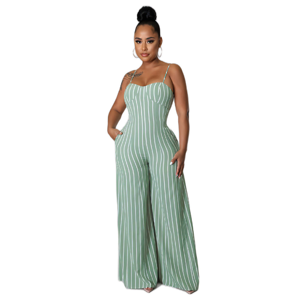 Sexy Backless Striped Wide Legs Jumpsuits