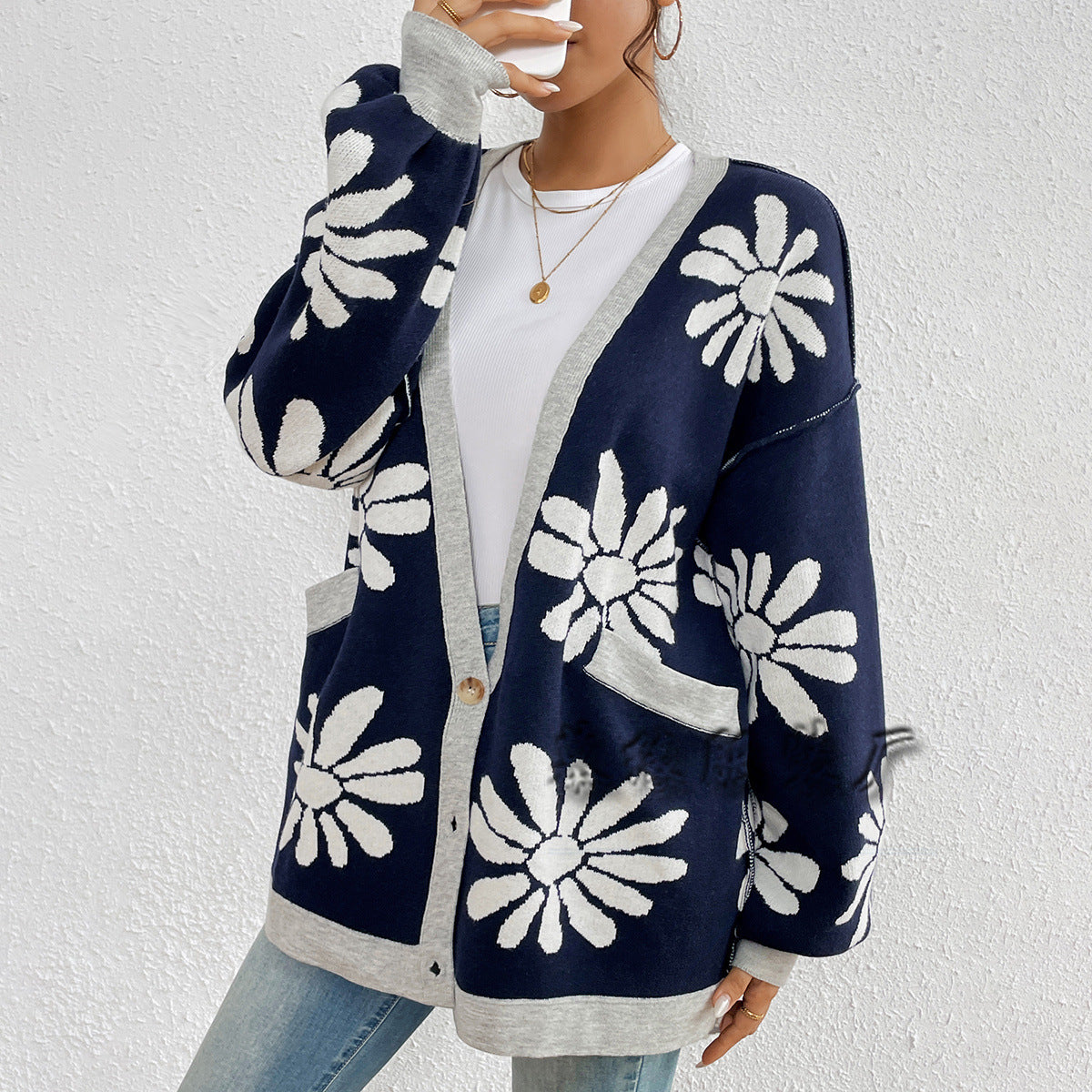 Casual Floral Print Knitted Cardigan Coats