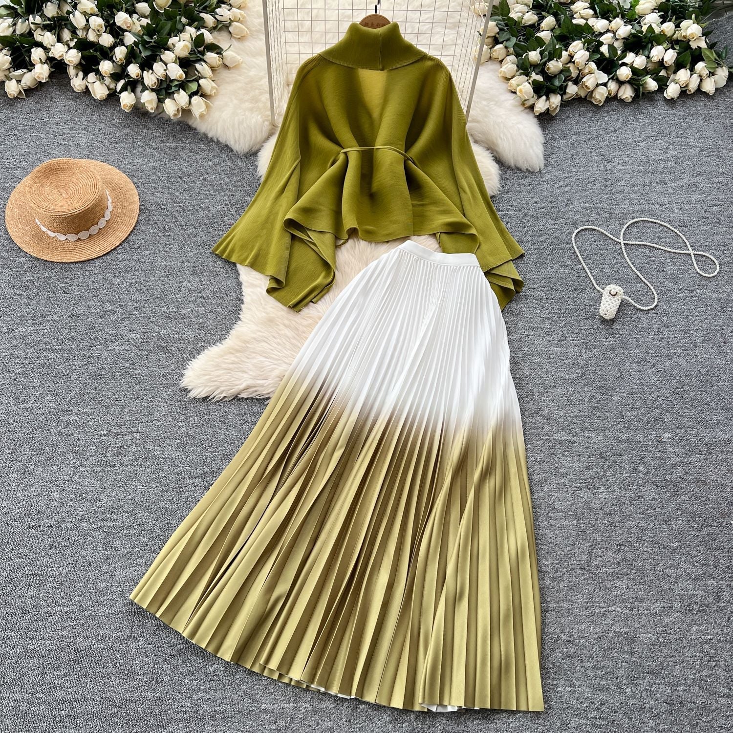 Women's Gradient Color Set - Loose Tie-Waist Pleated Top + High-Waisted Pleated Skirt