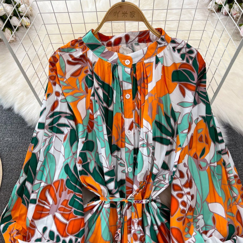 Retro Palace Style Lantern Sleeve Round Neck A-Line Floral Print Button-Down Waist Dress