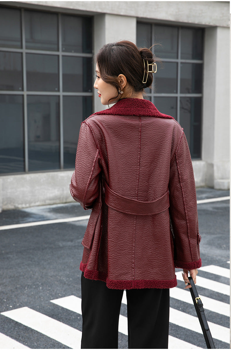 Women's Winter Faux Fur-Trimmed  Plus Sizes Leather Jacket