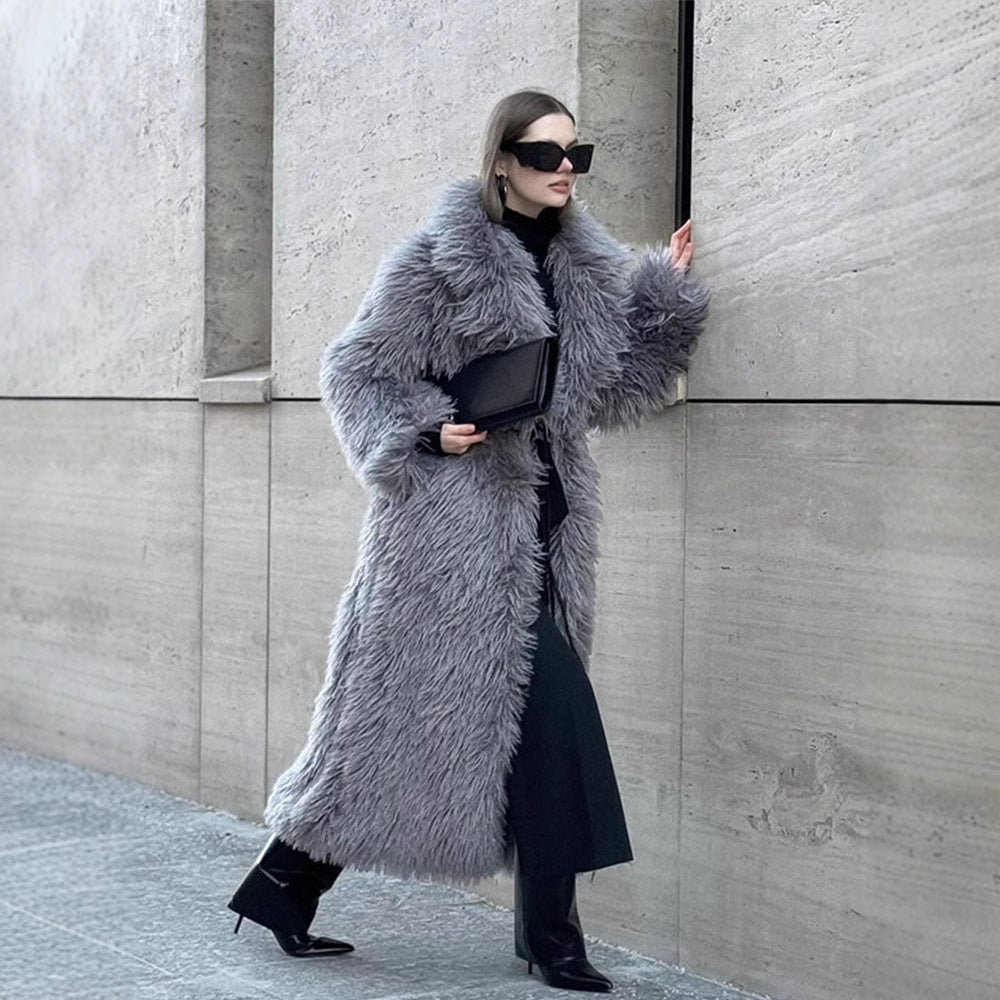 Long Faux Fur Coat – Women’s Winter Warm Plush Fake Fur Jacket with Lapel Collar