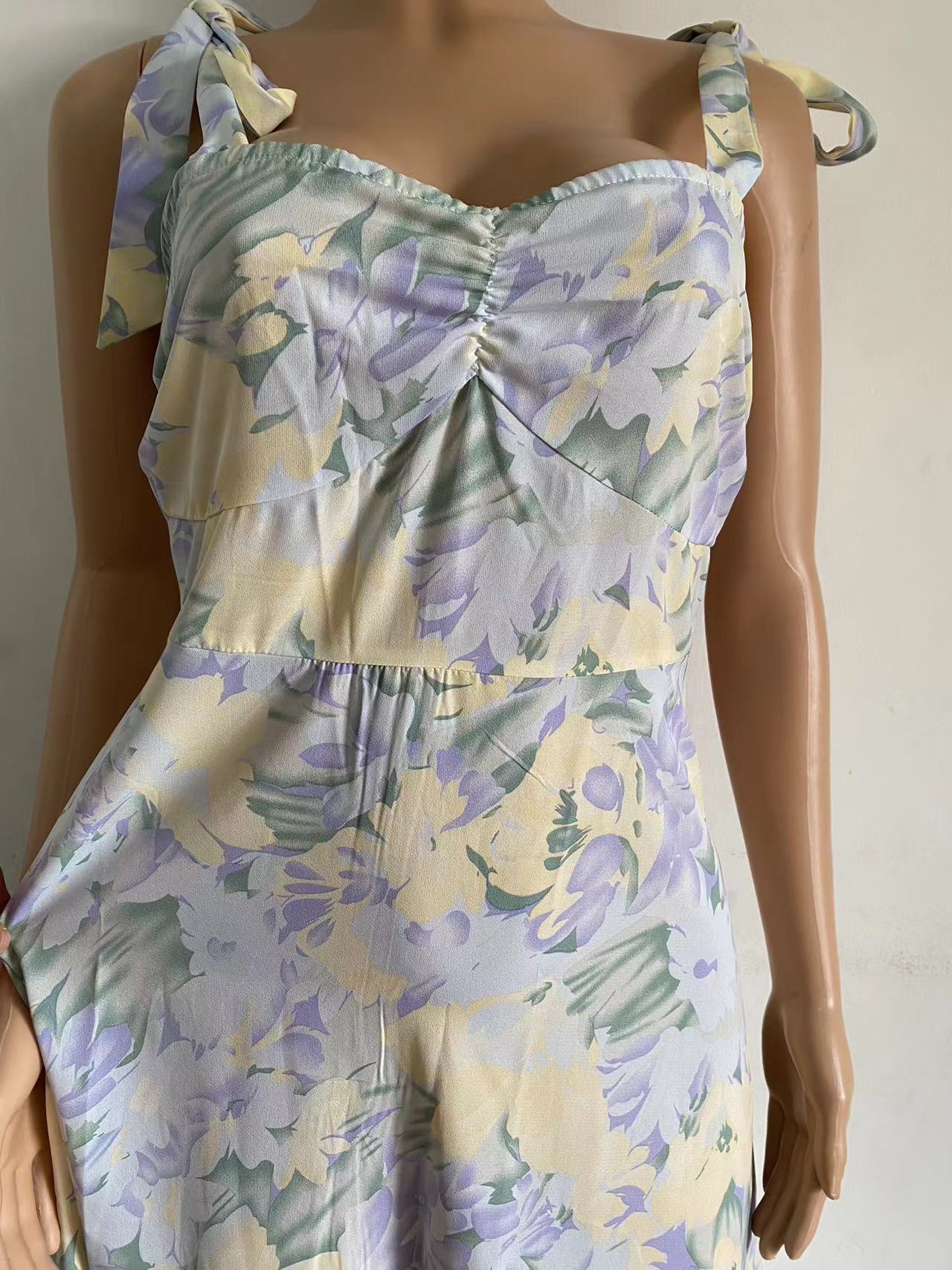 Summer Floral Print V-Neck Wrap Waist Midi Dres
