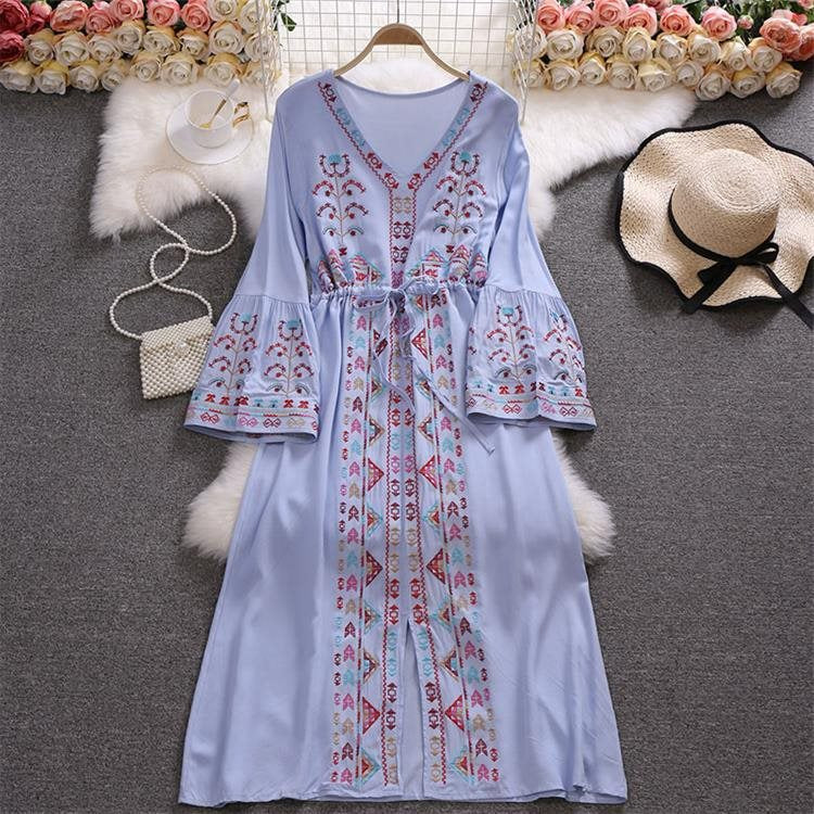 Bohemian Summer V Neck Long Vacation Dresses
