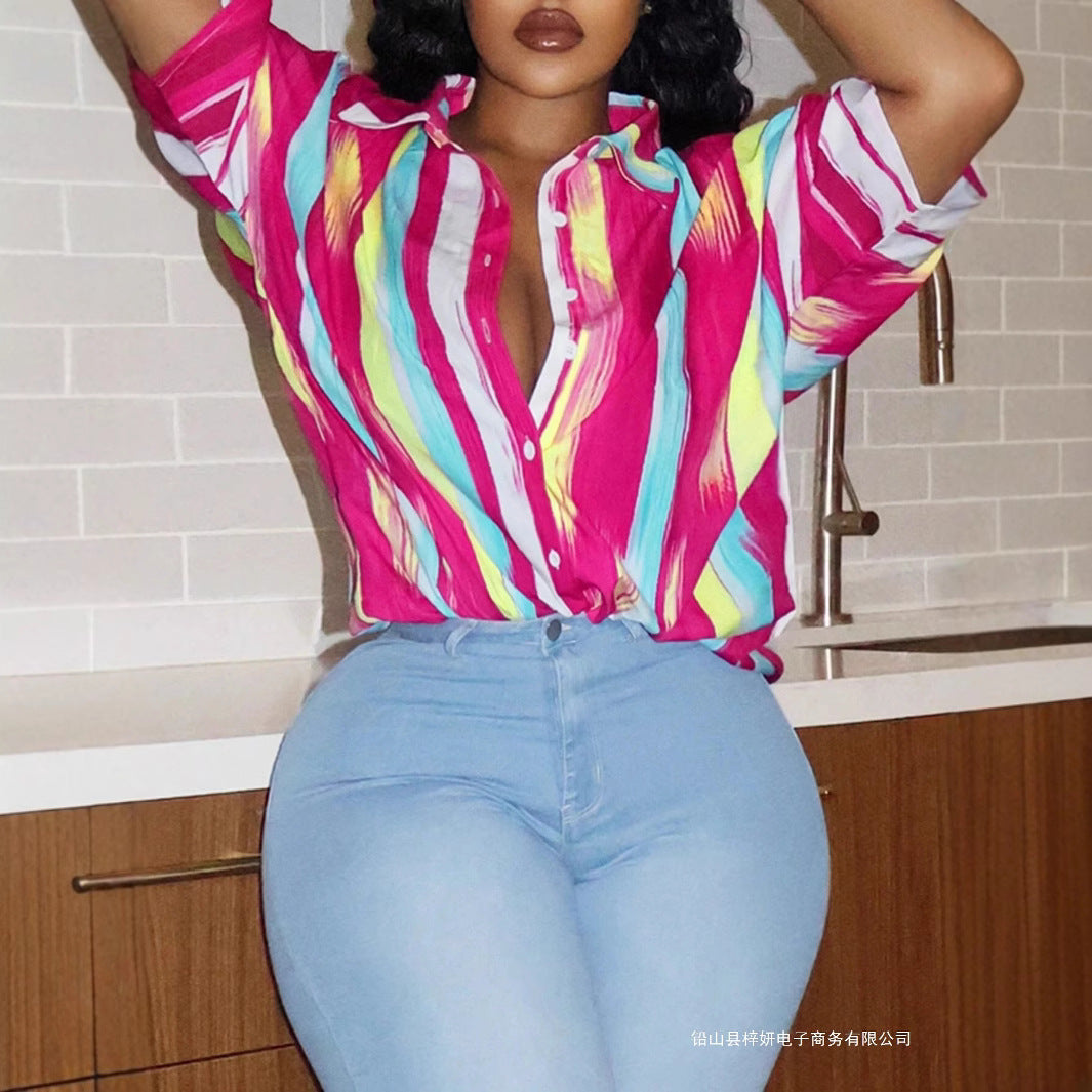 Plus Size Women's Printed Short Sleeve Button-Down Shirt with Lapel Collar-Rose Red-S-Free Shipping Leatheretro