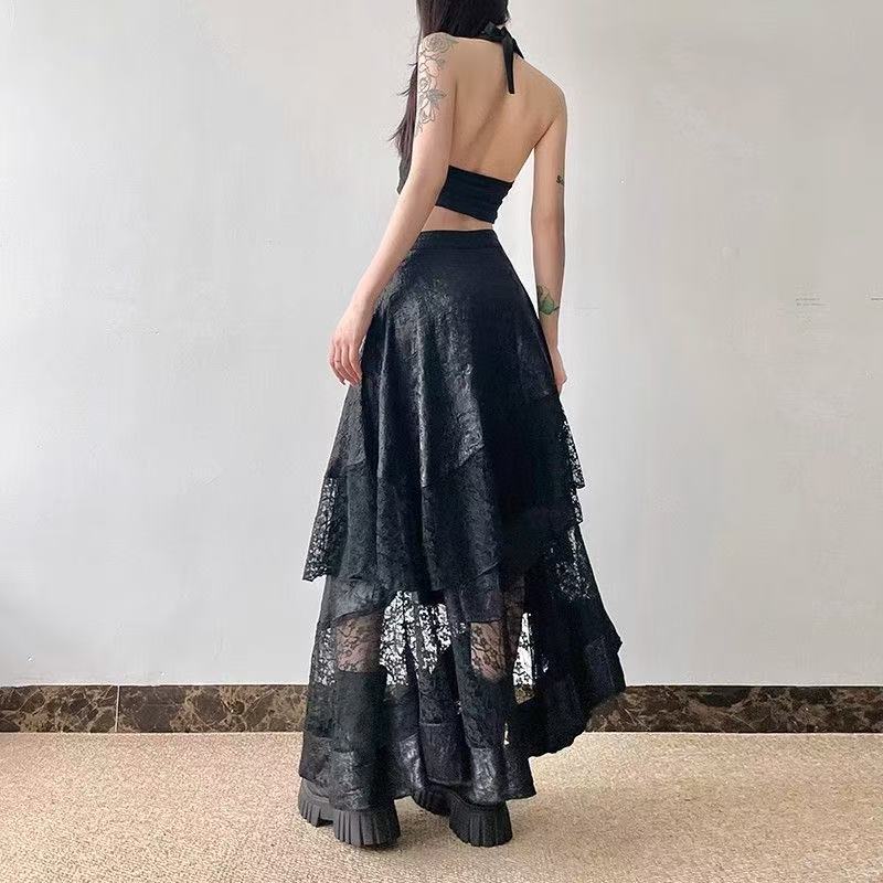 Dark Grunge Lace Patchwork High-Waist Midi Skirt