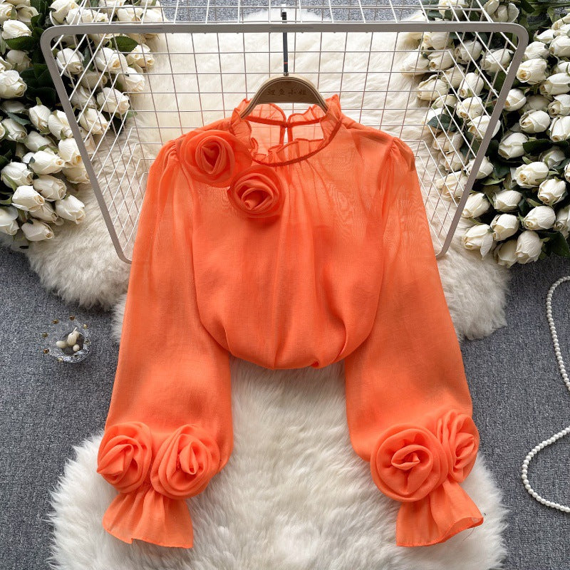 Designed 3D Flowers Chiffon Long Sleeves Shirts