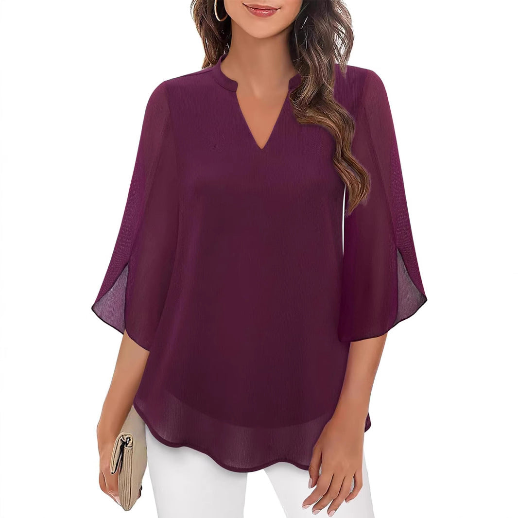 Women's Flowy V-Neck Chiffon Blouse with Petal Sleeves