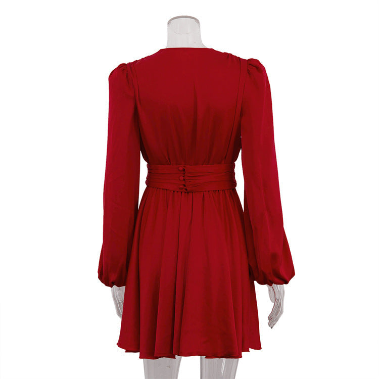 Elegant Red Ruffled Satin Dress
