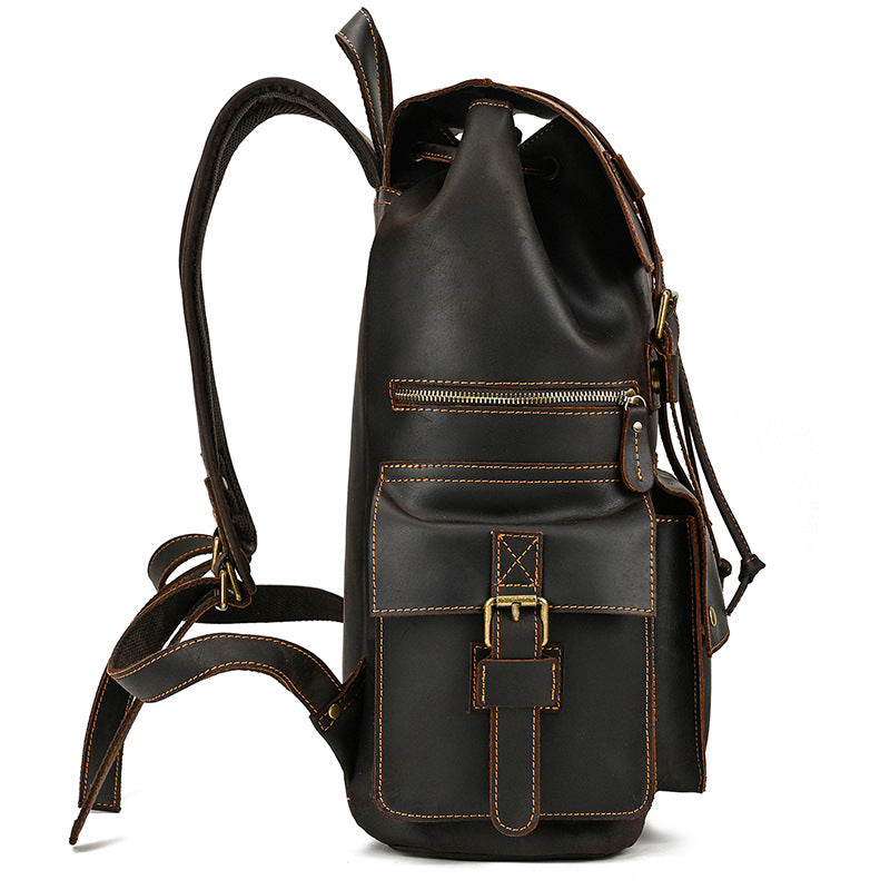 Retro Crazy Horse Leather Backpack – Large Capacity 16-Inch Cowhide Laptop & Travel Bag with Multi-Flap Pockets