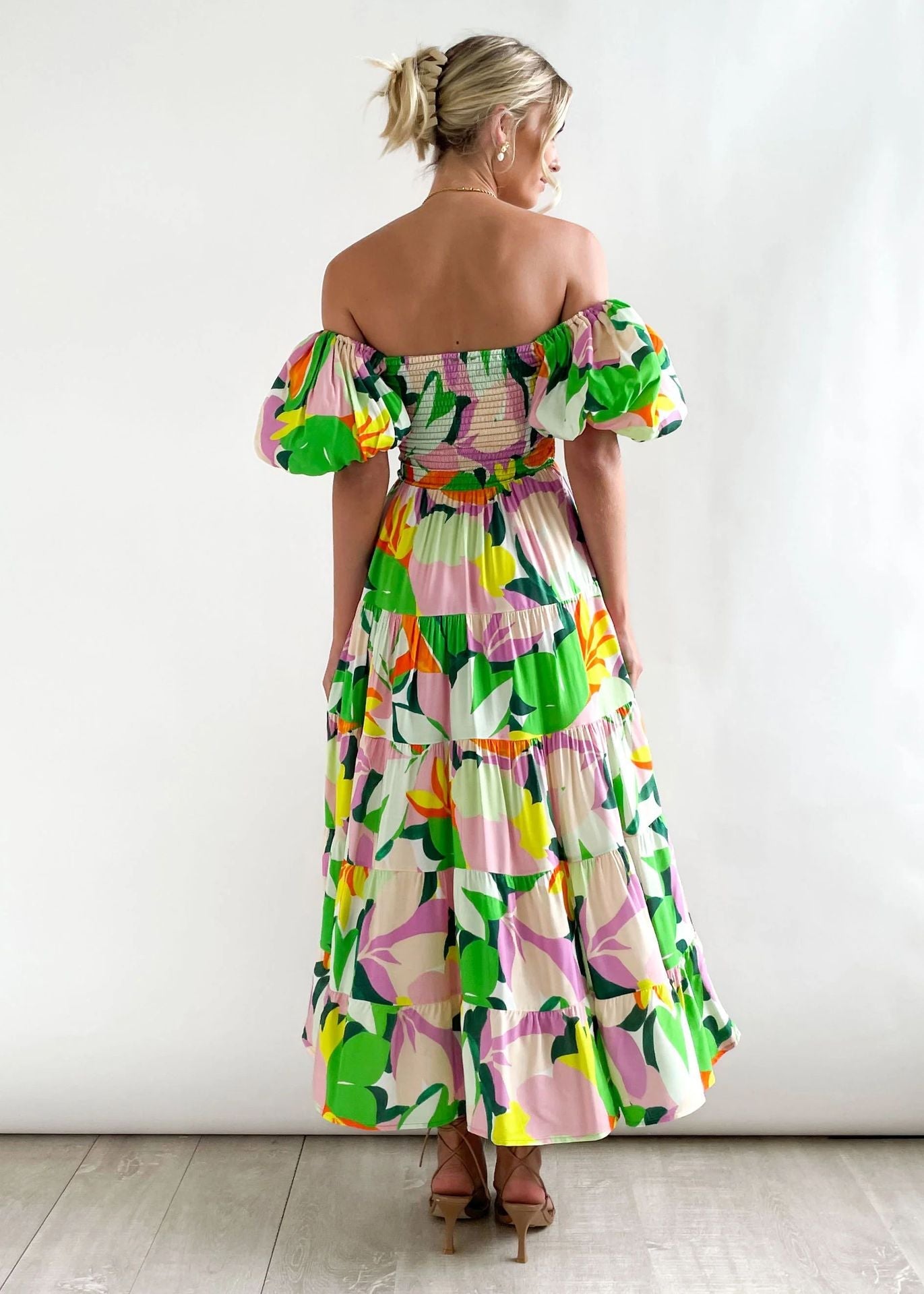 Flutter Sleeve High Waist Off-Shoulder Print Dress