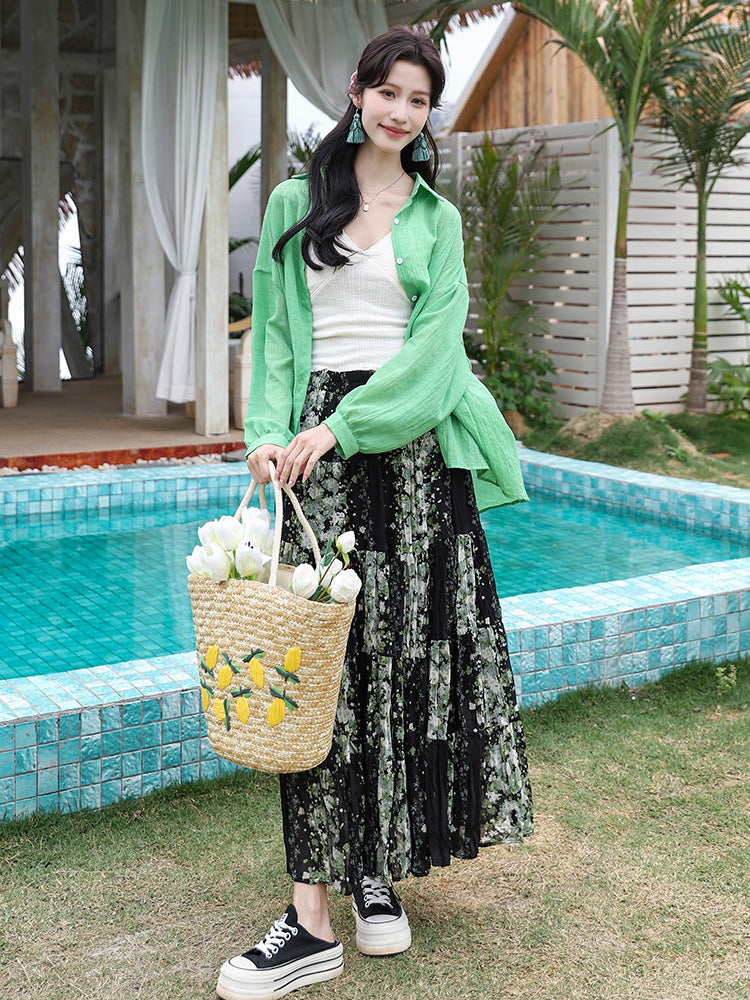 Yuan Su's new summer Wizard of Oz floral pleated skirt, high waist versatile and thin wrinkled A-shaped big swing skirt-The Wizard of Oz-one size fits all-Free Shipping Leatheretro