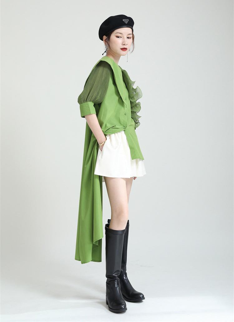 Summer Asymmetrical Bubble Sleeve Shirt Dress with Peplum Waist & Patchwork Design