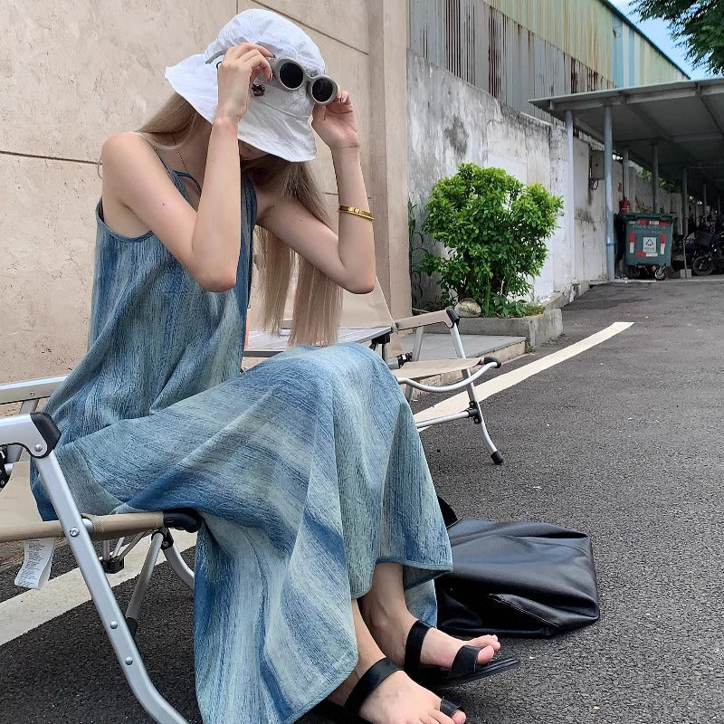 Retro Tie-Dye Strap Dress – Summer Loose Boho Beach Maxi Dress for Vacation