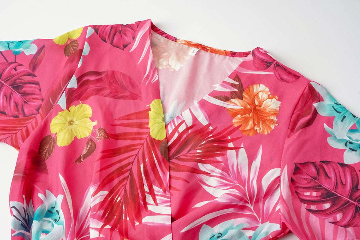 Summer Floral Print Crinkle Midi Short Sleeve Dress