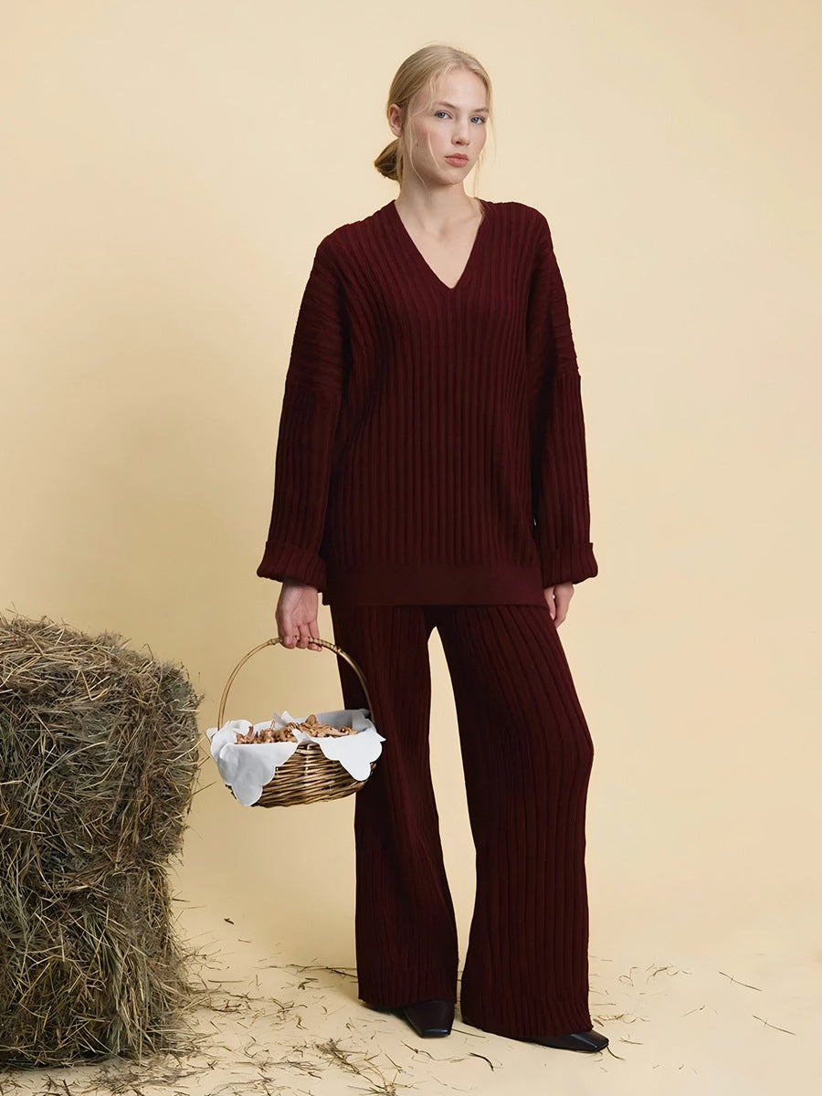 Women's V-Neck Ribbed Knit Sweater Set