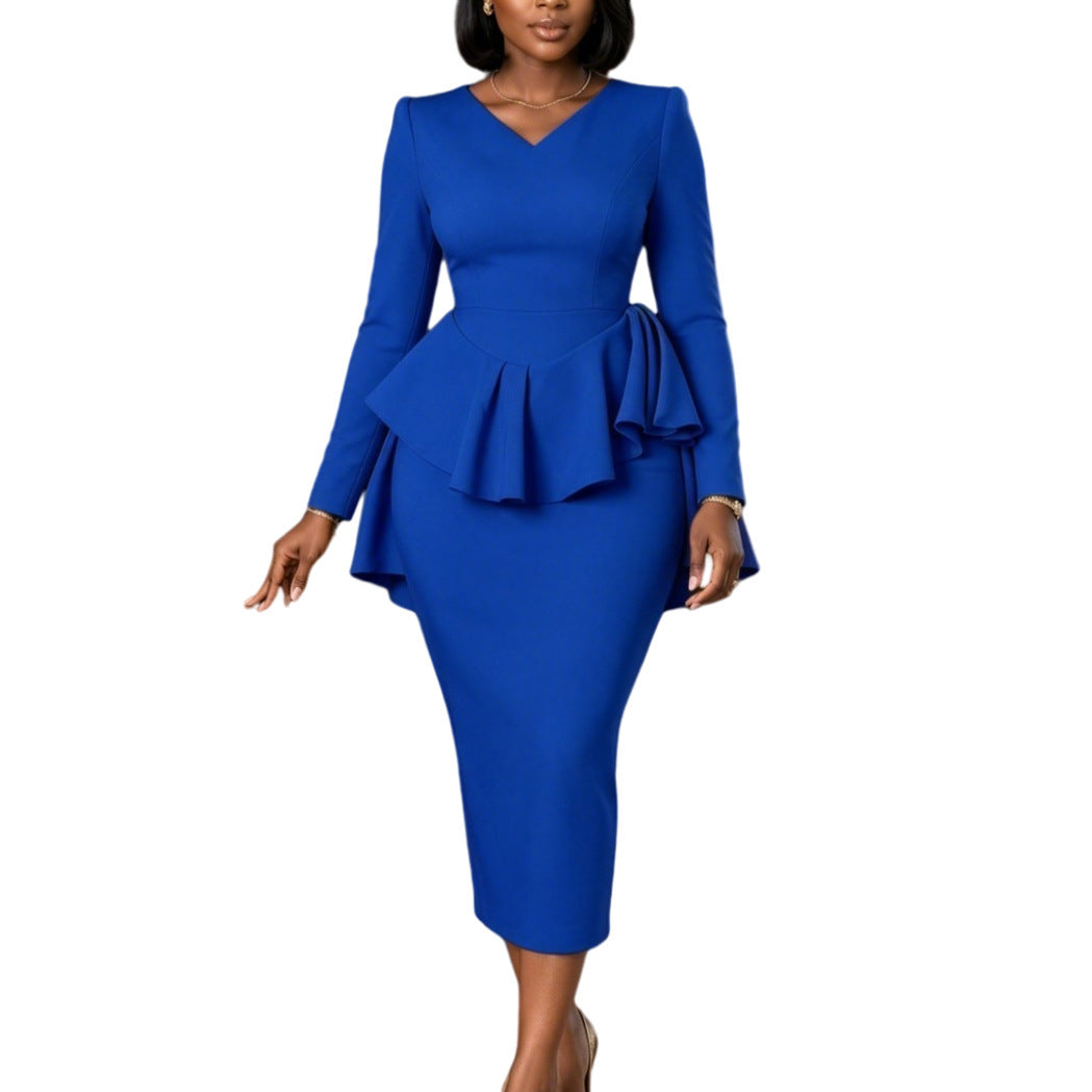 Elegant V-Neck Ruffle Waist Midi Dress