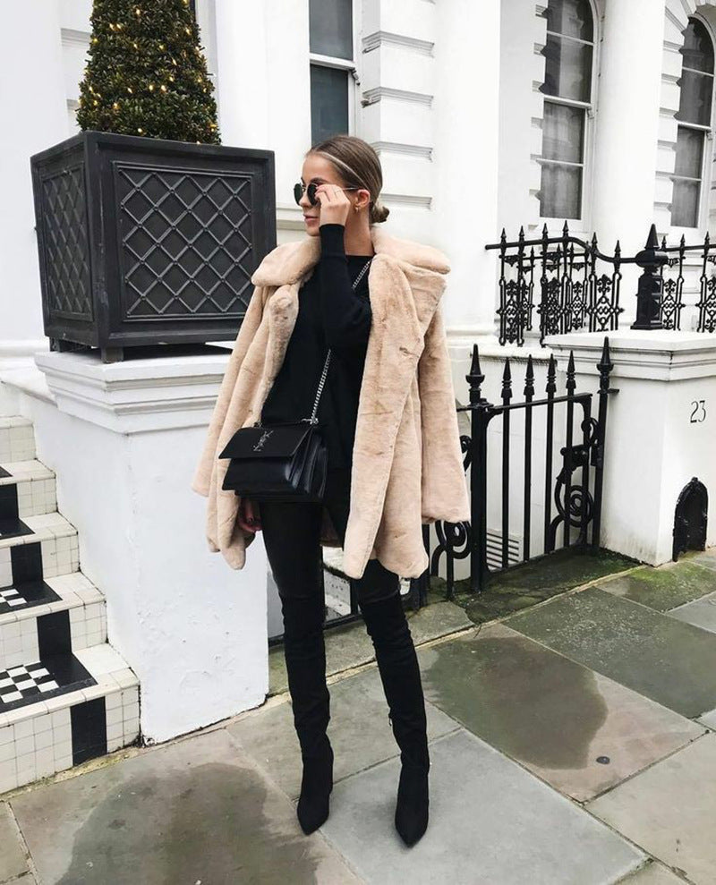 Luxury Faux Fur Coat – Winter Warm Thick Plush Oversized Jacket with Lapel Collar