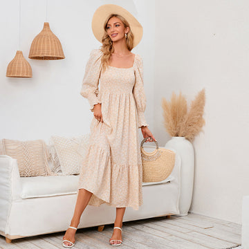 Women's Floral Print Square Neck Chiffon Dress