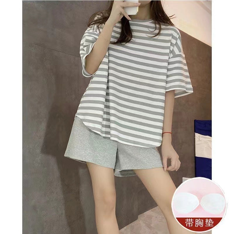 Casual Striped Summer Short Sleeves Shirts & Shorts Homewear