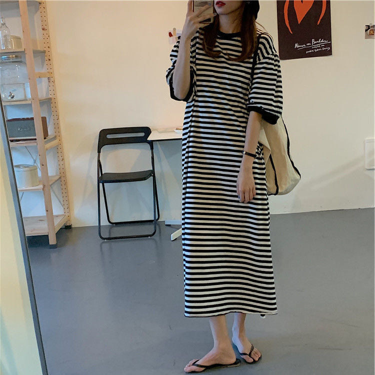 Designed Striped Summer Plus Sizes T Shirts Dresses-Dresses-Free Shipping at meselling99