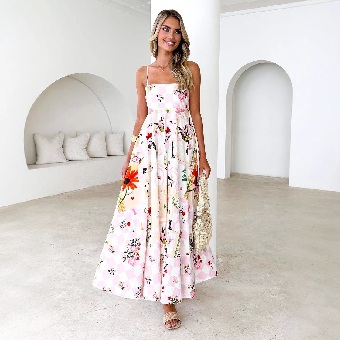 Women's Summer Fashion Print Backless Halter High-Waisted Flowy Dress