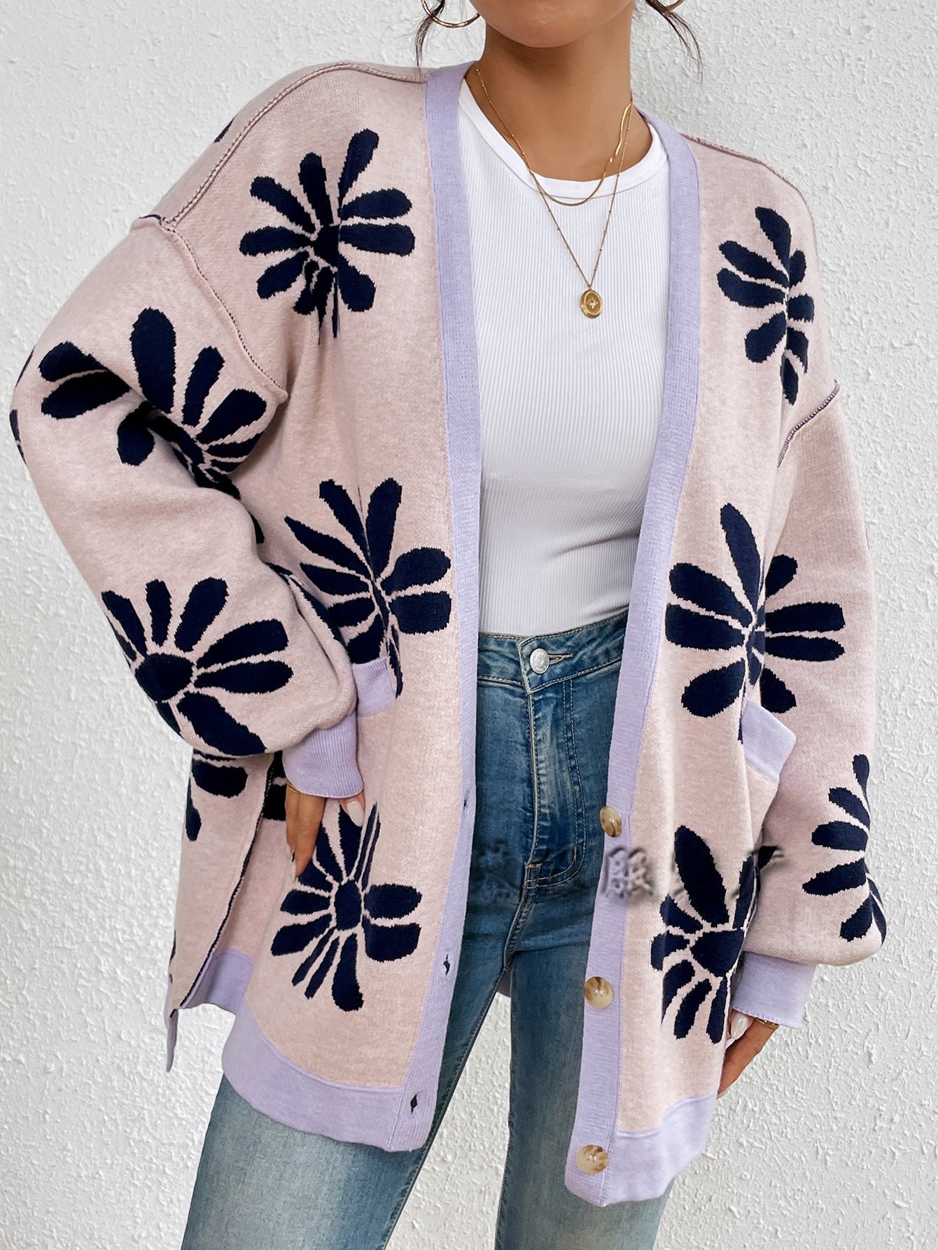 Casual Floral Print Knitted Cardigan Coats