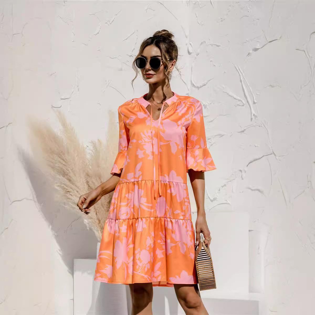 Women's V-Neck Flared Sleeve Tiered Contrast Panel Dress