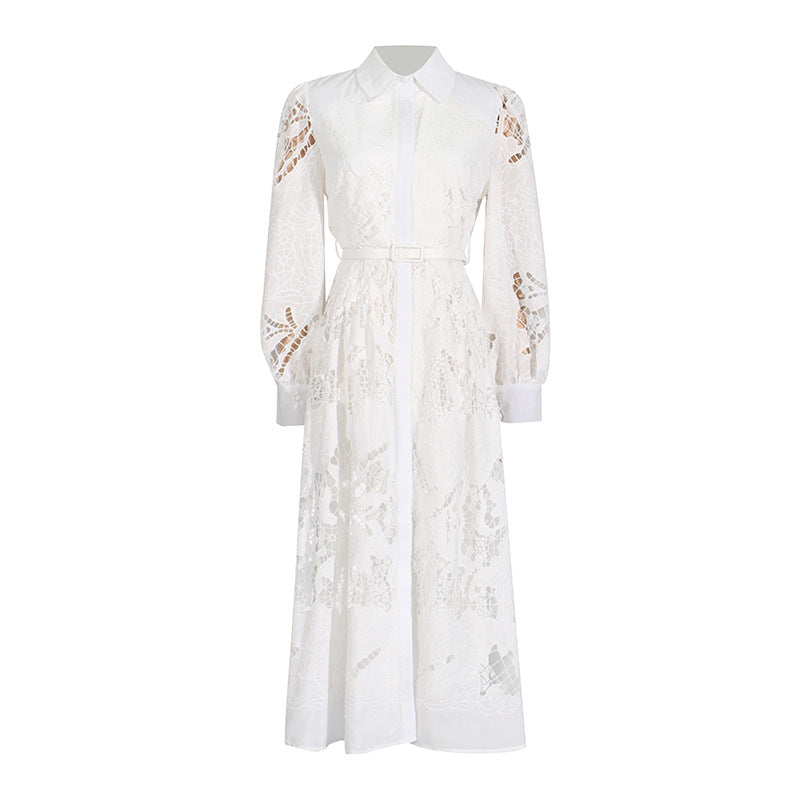 Vintage Collar Long Lantern Sleeve Mid-Length Embroidery Lace Dresses