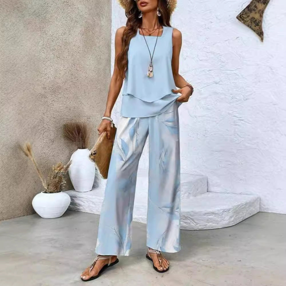 Women's Summer Sleeveless Layered Vest & Pants Set