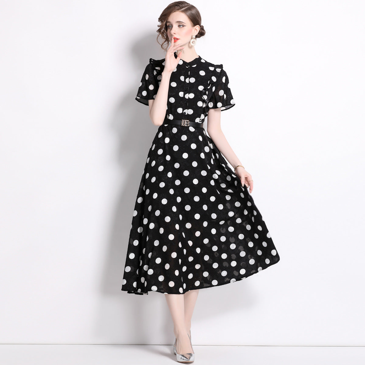 Elegant Polk Dot Short Sleeves Midi Length Dresses