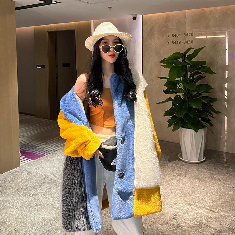 Winter Faux Fur Jacket with Contrast Collar, Oversized Outerwear