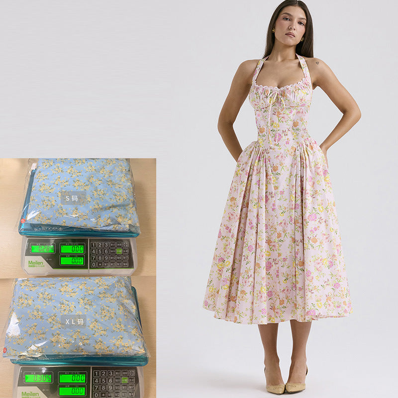 Women's Summer Floral Print Bodycon Halter Neck Maxi Dress