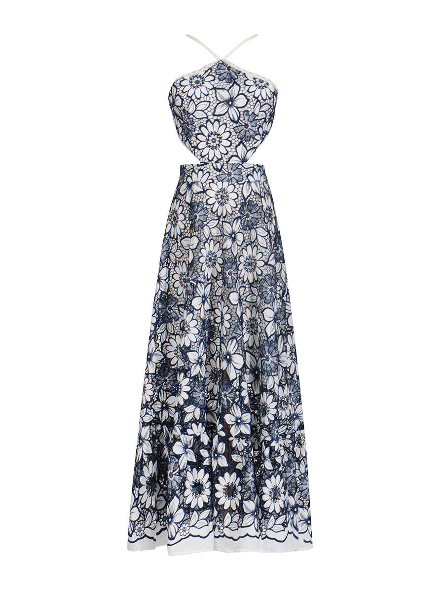 Designed Women's Sexy Vacation Print Dress - Halter Neck, Cutout Waist, Strappy Sundress