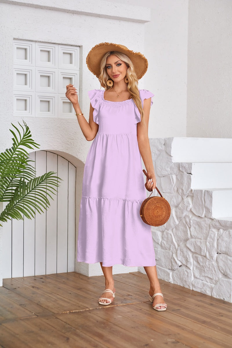 Flying Sleeve Square Neck Off Shoulder Pleated Hem Dress