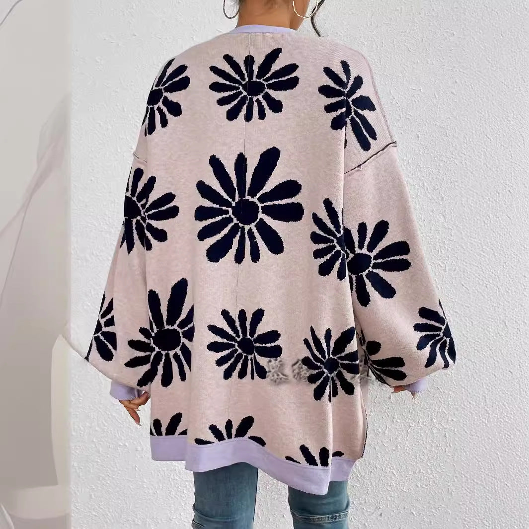 Casual Floral Print Knitted Cardigan Coats