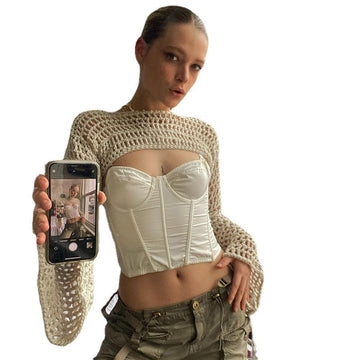 Trendy Hollow-Out Knit Crop Top – Stylish Short Sleeve Mesh Bolero for Streetweat