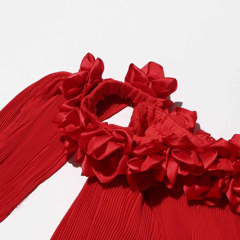 Designed Women's Floral Patchwork Maxi Dress with 3D Flower Shoulder