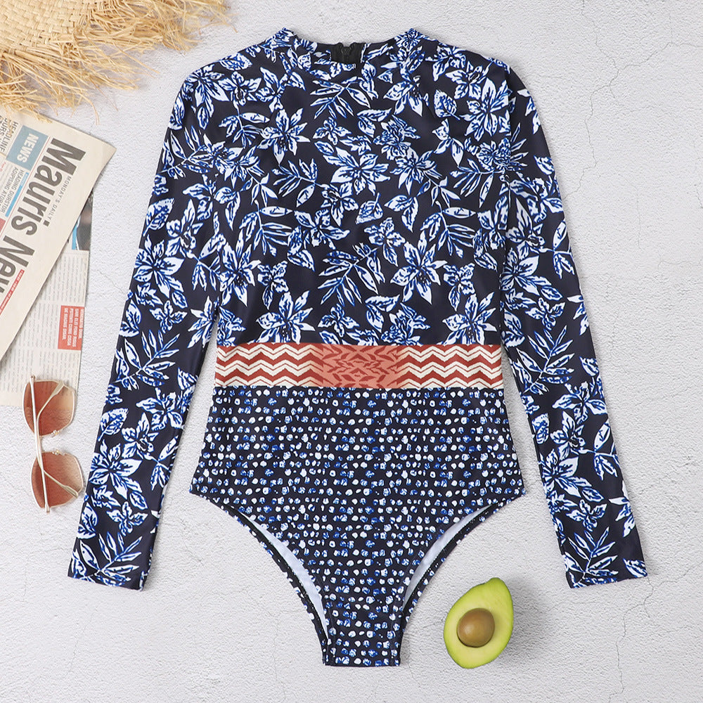 Blue Floral Print Long Sleeves Surf Wear