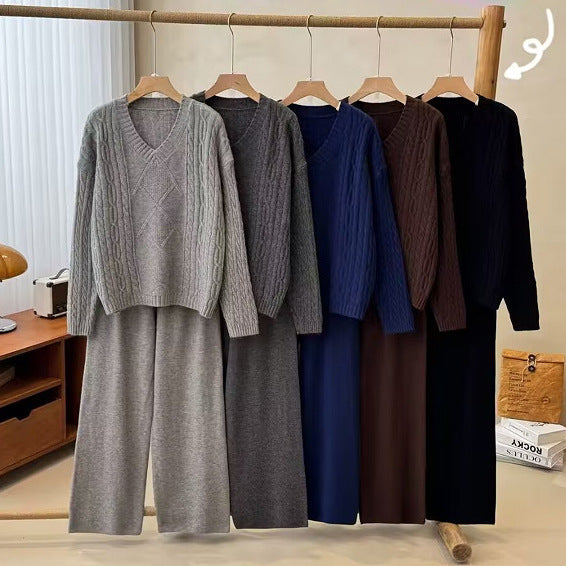 Women's Fashion Casual Long Sleeve Sweater Set – Winter Warm Knit Pullover & Wide-Leg Pants Two-Piece Outfit