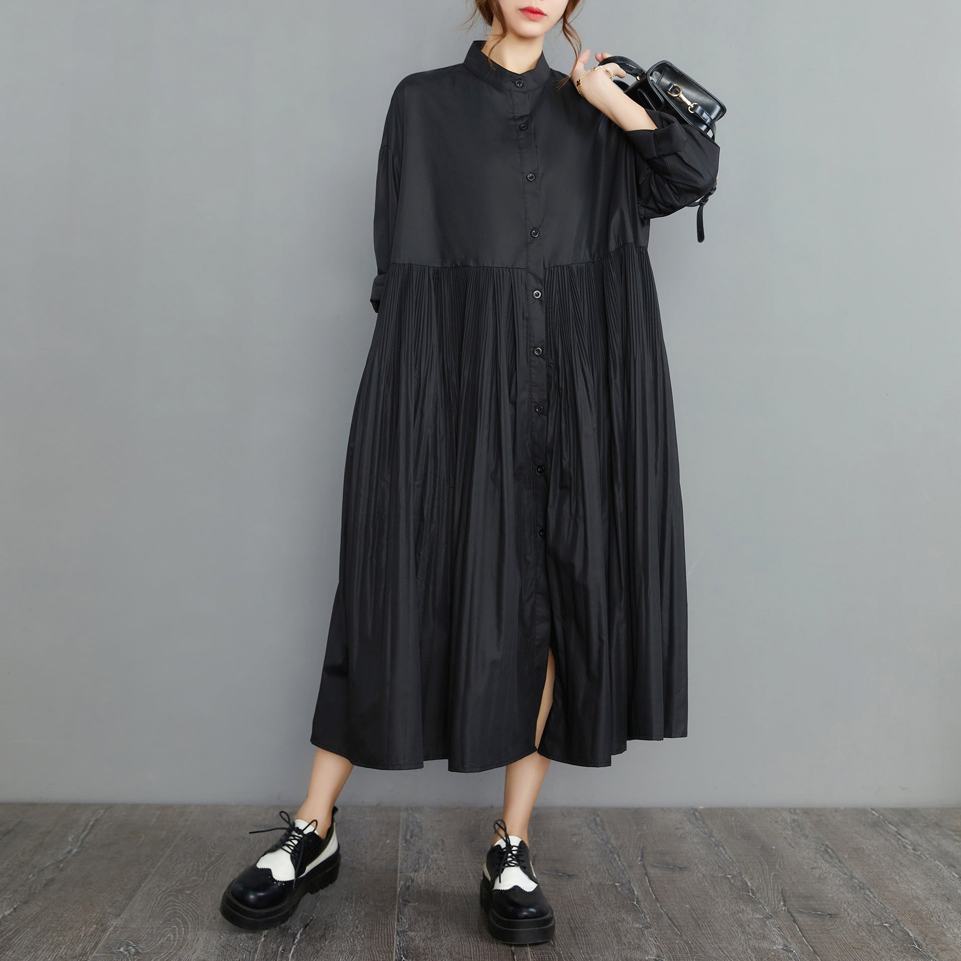 Vintage Stand Collar Plus Sizes Fall Shirts Dresses-Dresses-Black-L-Free Shipping at meselling99