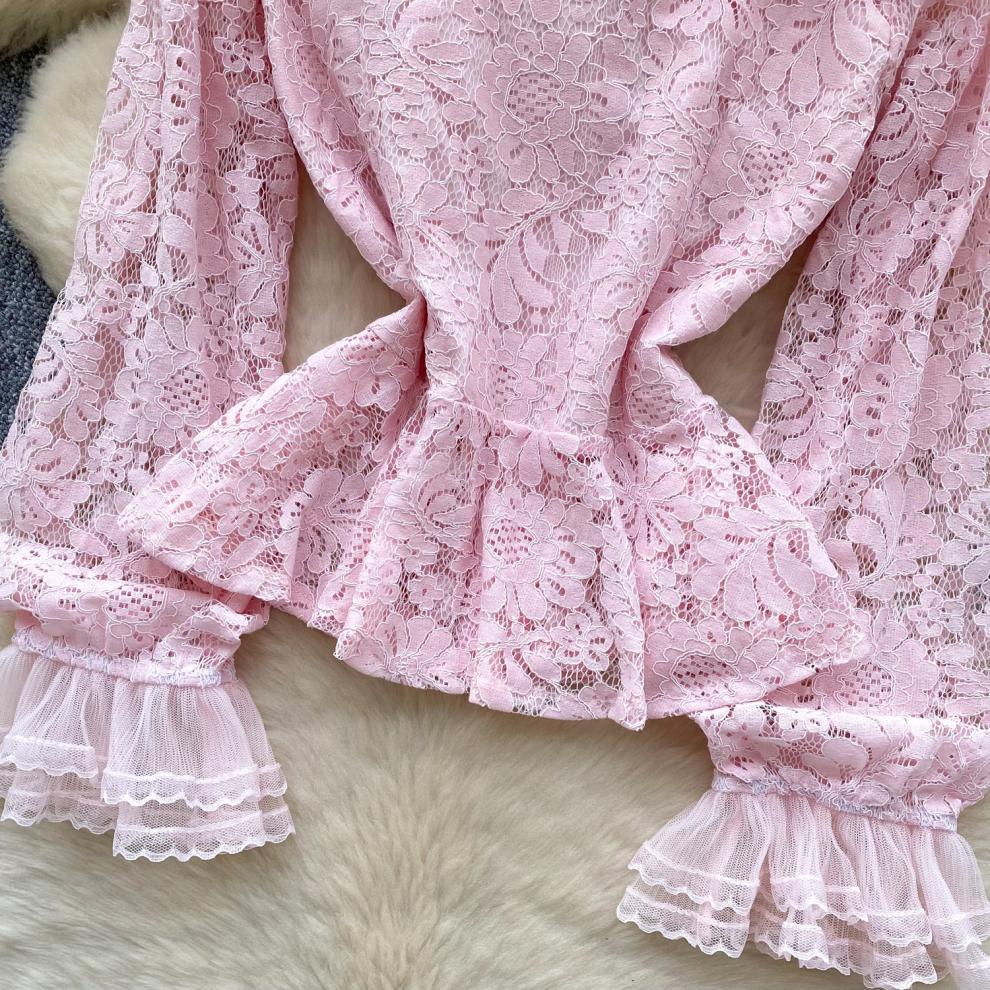 Lace Patchwork Lantern Sleeve Blouse