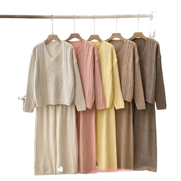 Women's Fashion Casual Long Sleeve Sweater Set – Winter Warm Knit Pullover & Wide-Leg Pants Two-Piece Outfit